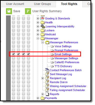 Screenshot of Email Settings Tool Rights
