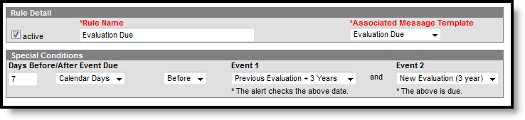 Screenshot of an Evaluation Due Rule. 