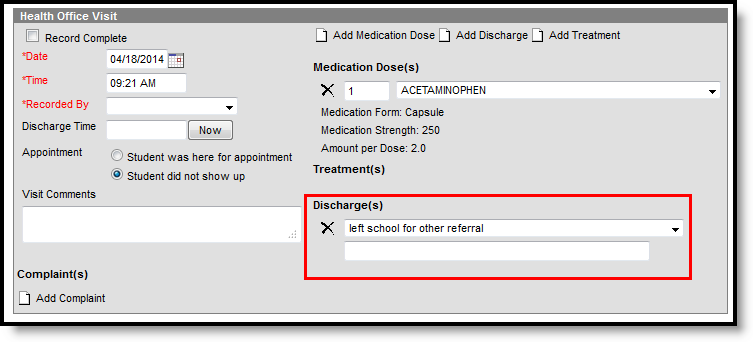 Screenshot of the student health office visits discharge view.