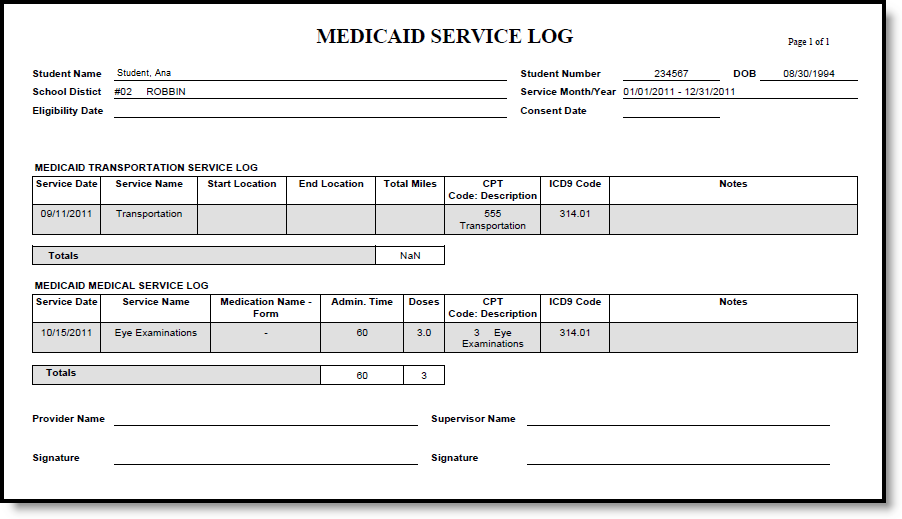 Screenshot of Service Log Report in Page Break by Students (PDF).