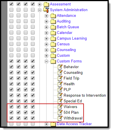 Image of the Custom Module Custom Forms tool rights