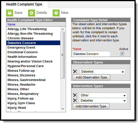 Screenshot of the Health Complaint Type tool.