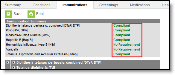 Screenshot of the student immunizations tool with the compliancy labels displayed.