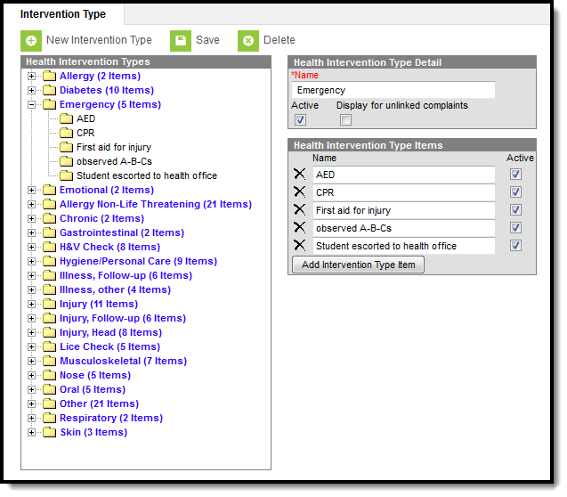 Screenshot of the intervention type tool.