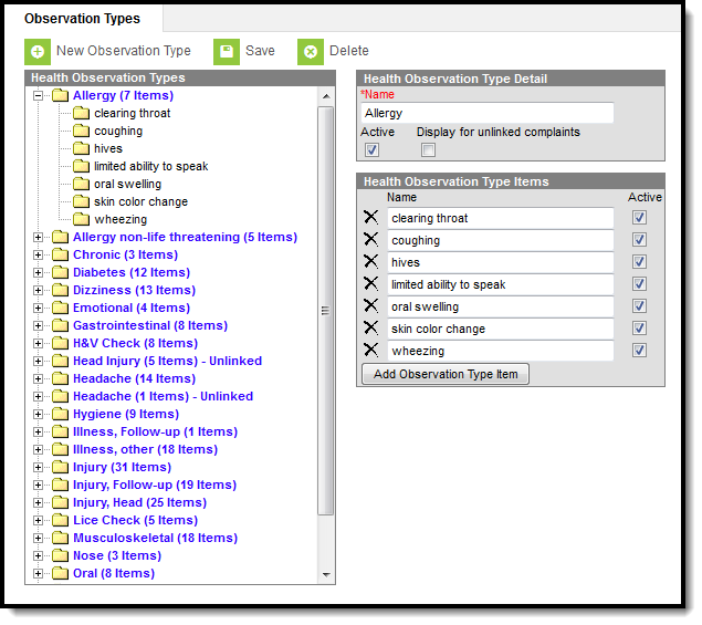 Screenshot of the observation types tool.