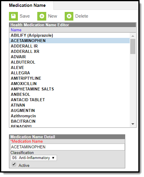 Screenshot of the medication name tool.