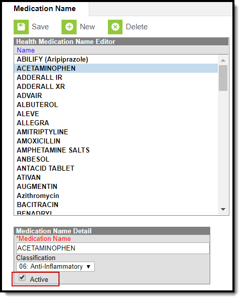 Image of the Active checkbox on the Medication Name tool