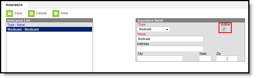 Screenshot of an insurance provider record with the Active checkbox marked.