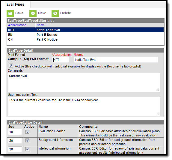 Screenshot of Special Ed Eval Types tool including each of the three sections. 
