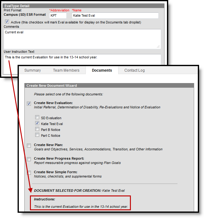 Two-part screenshot displaying the User Instruction Text along with where the text appears when creating a new document.