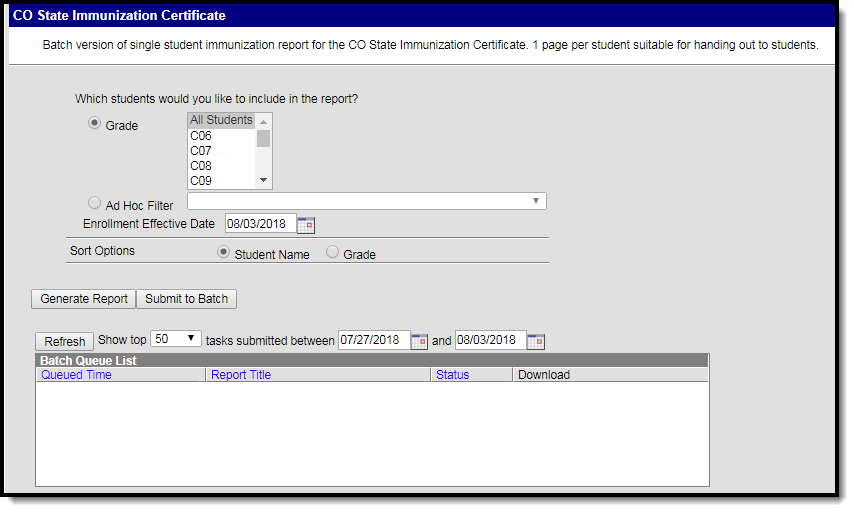 Screenshot of the CO Immunization Certificate report editor.