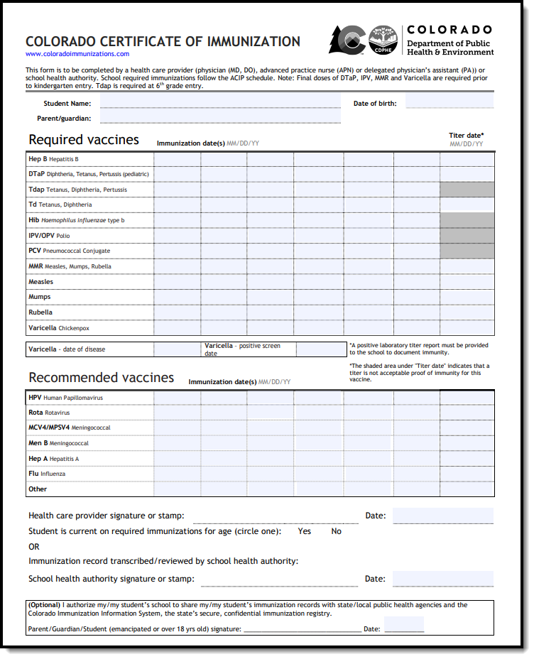 Image of the Colorado Certificate of Immunization PDF example