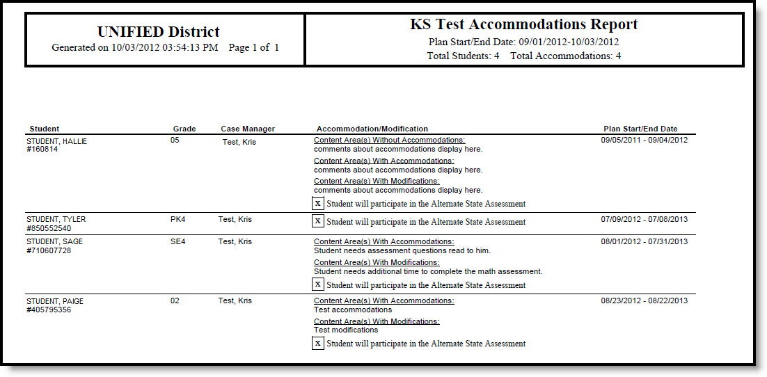 Screenshot of Test Accommodations in PDF Format.