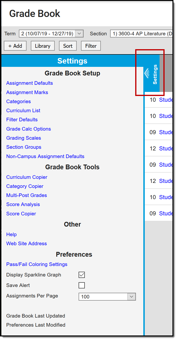 Screenshot of the grade book highlighting the Settings button to expand the settings menu.  