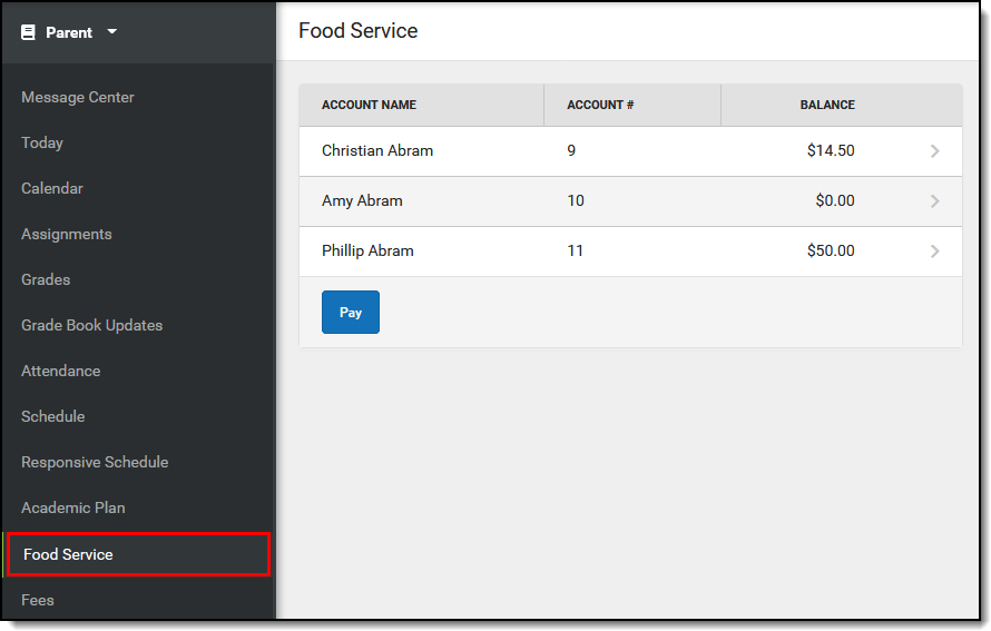 Screenshot of food service tool