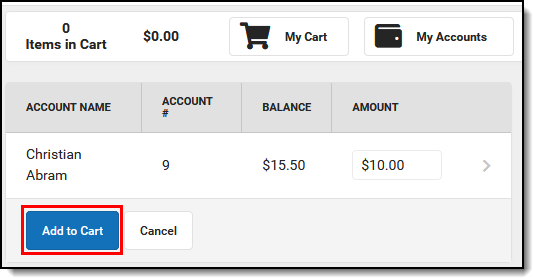Screenshot of add to cart button