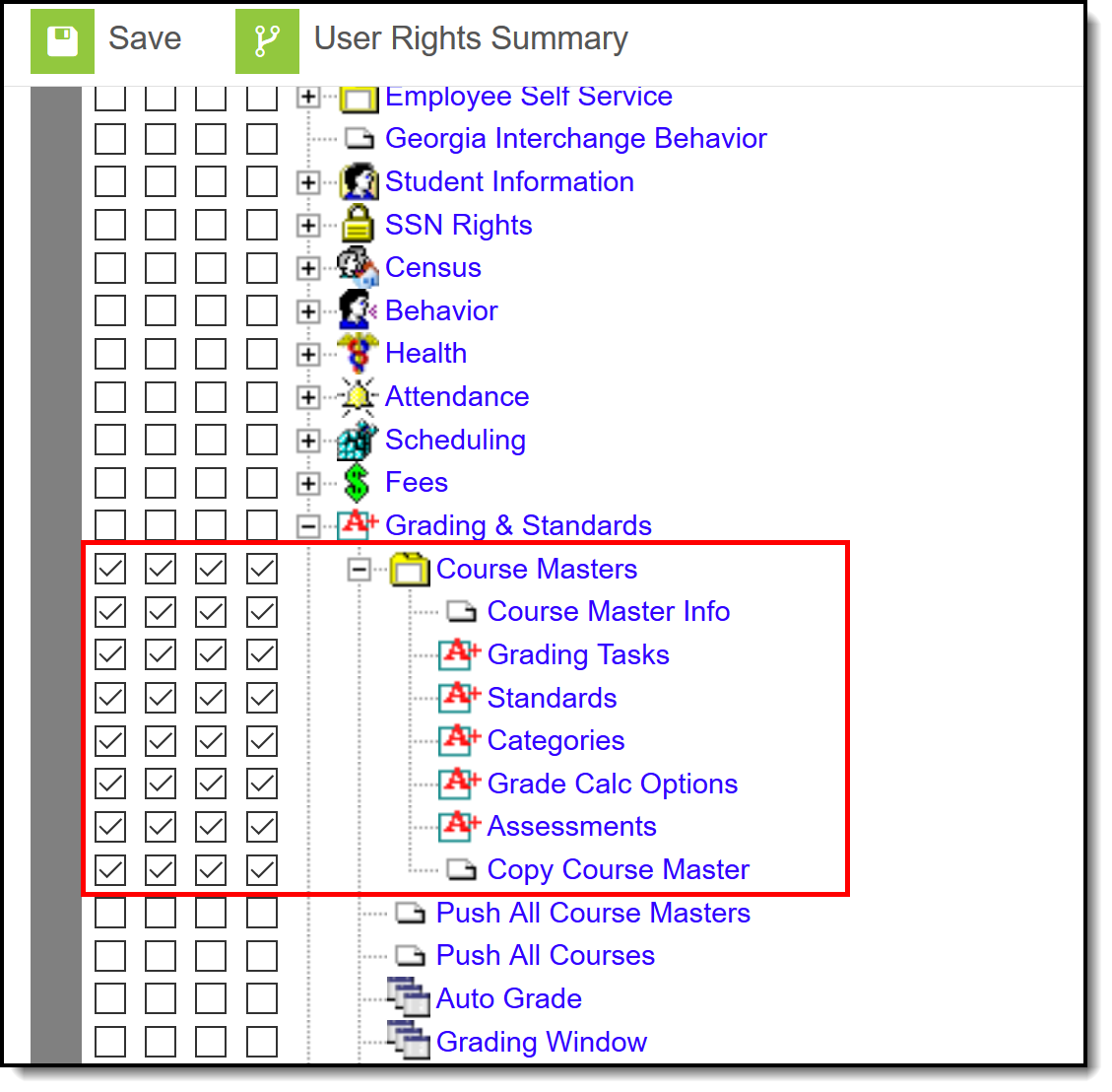 Screenshot highlighting the Course Masters tool rights in the tool rights tool.