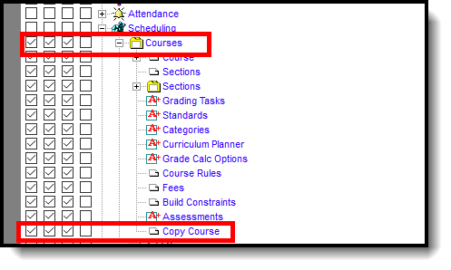 Screenshot of the Tool Rights tool with the Courses and Copy Courses rights highlighted.