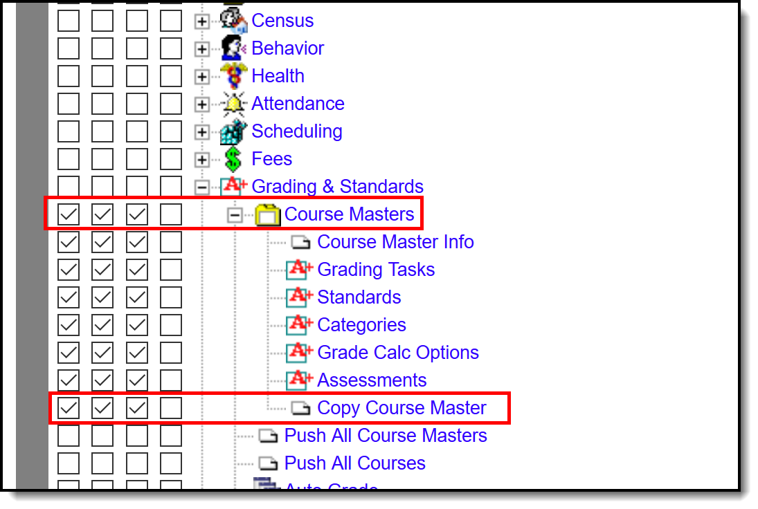 Screenshot of the Tool Rights tool with Course Master and Copy Course Master rights highlighted.  
