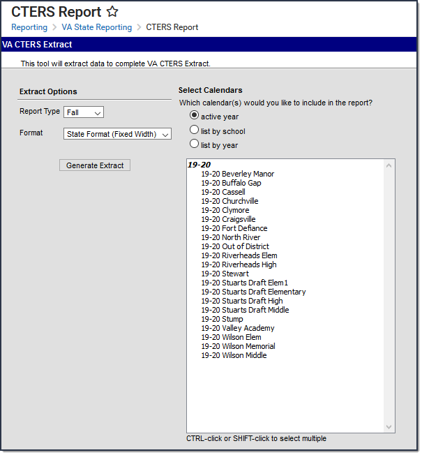 Screenshot of the CTERS report extract editor.