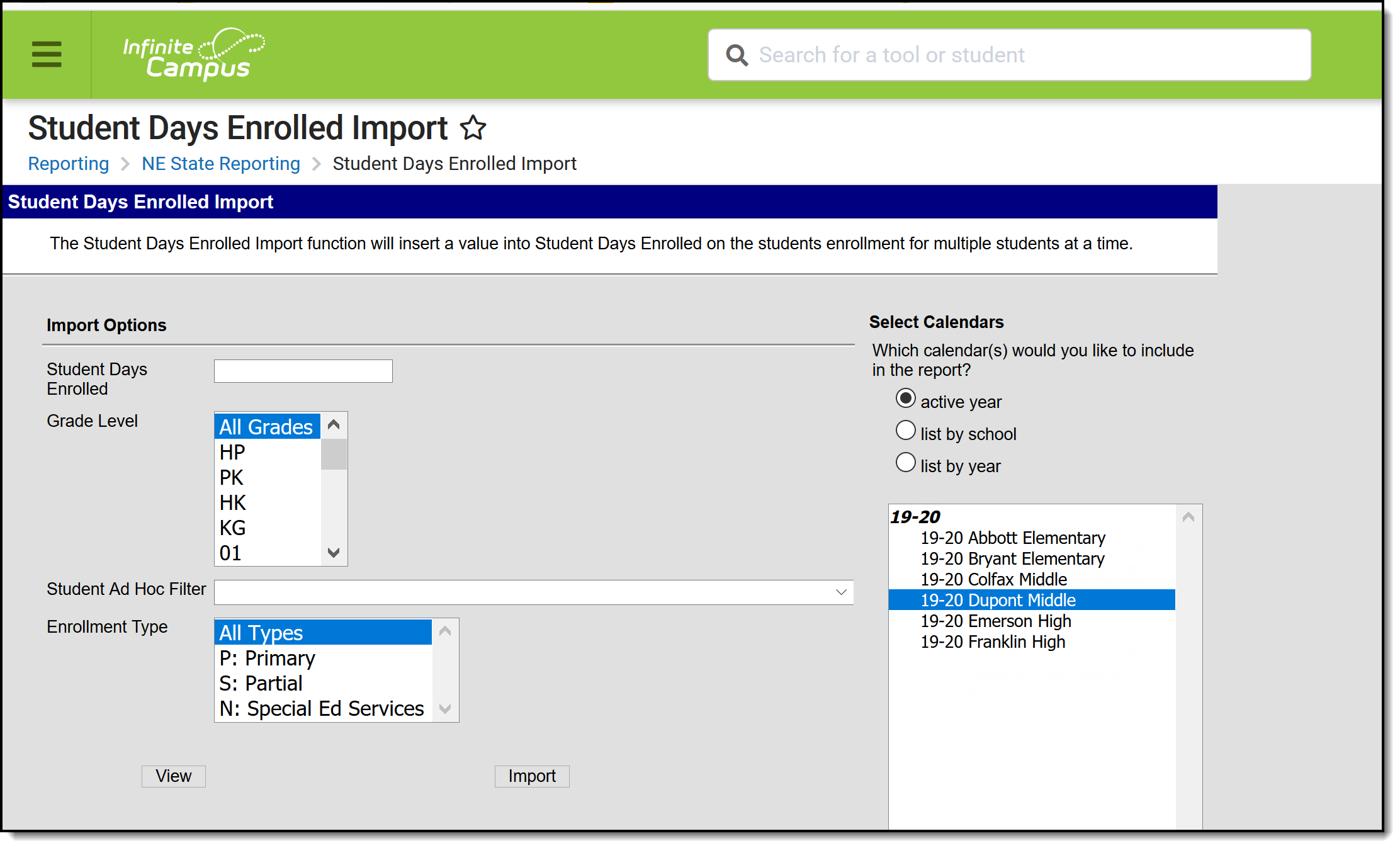 Screenshot of the Student Days Enrolled Import extract editor.