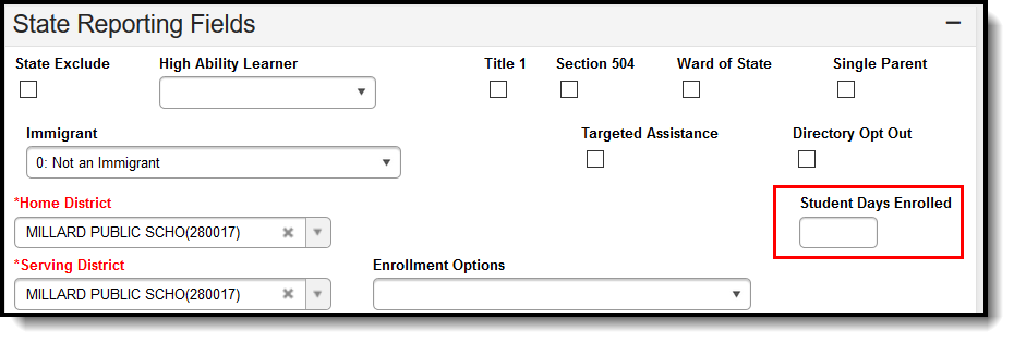 Screenshot of the Enrollments tool Student Days Enrolled field.