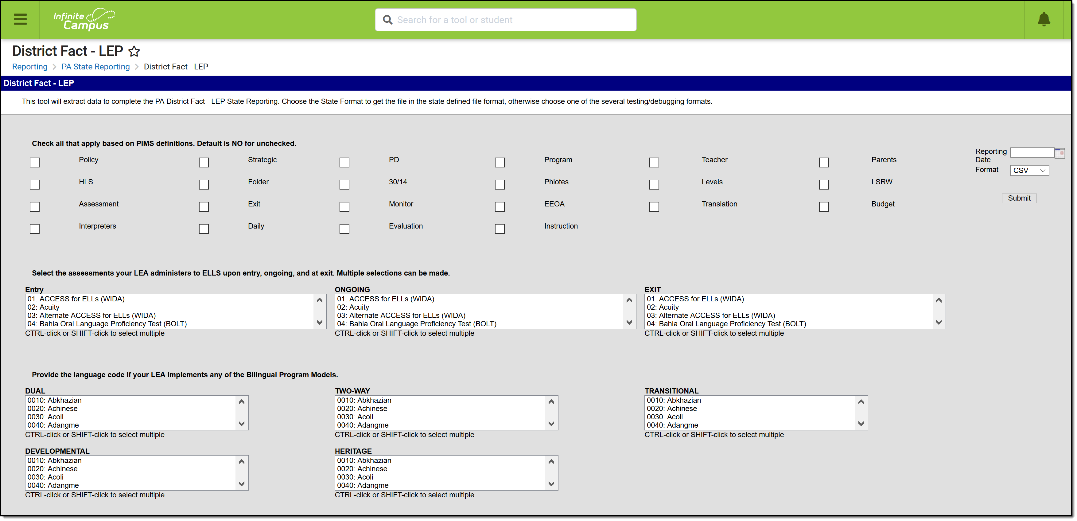 Screenshot of the district fact LEP extract editor.