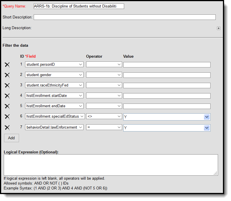 Screenshot of ad hoc filters that could be used with ARRS.