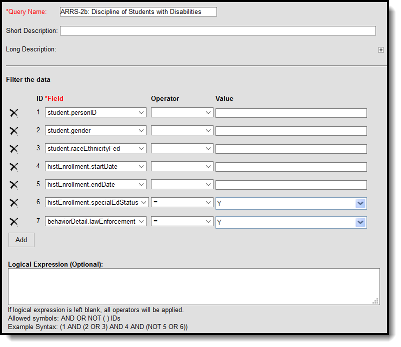 Screenshot of ad hoc filters that could be used with ARRS.