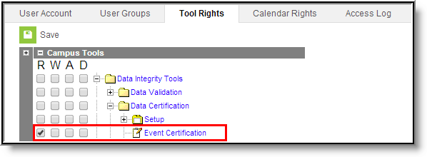 Screenshot of the tool rights for the Event Certification tool where the Read option is selected.