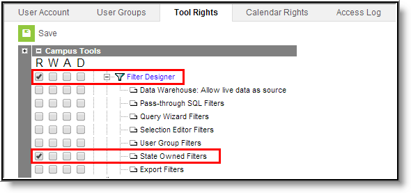 Screenshot of the tool rights for the Filter Designer and State Owned Filters where the Read option is selected.