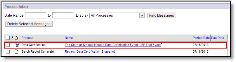 Screenshot of the Process Inbox with a link to review event data for certification.
