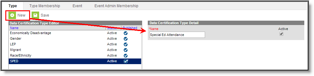 Screenshot of Creating a New Data Certification Type