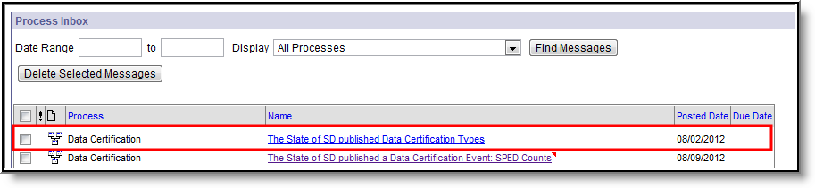 Screenshot of District-Level Process Inbox Notification of Published Data Certification Types