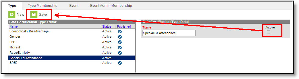 Screenshot of Deactivating a Data Certification Type