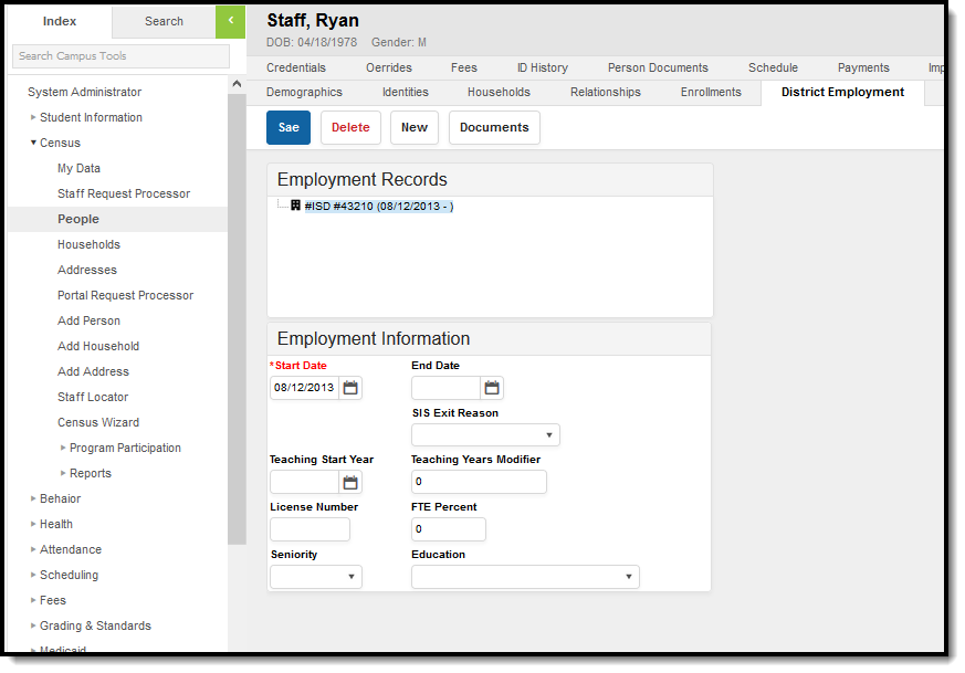 Screenshot of the District Employment editor fields.