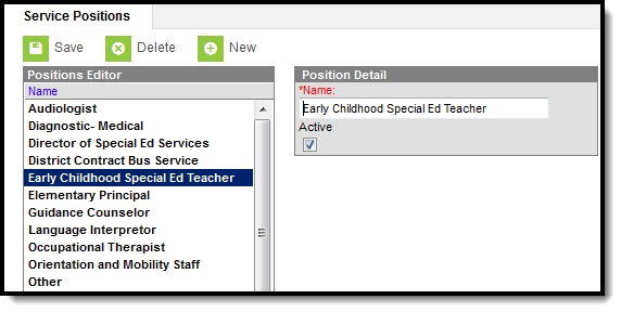 Screenshot of the Service Positions tool.