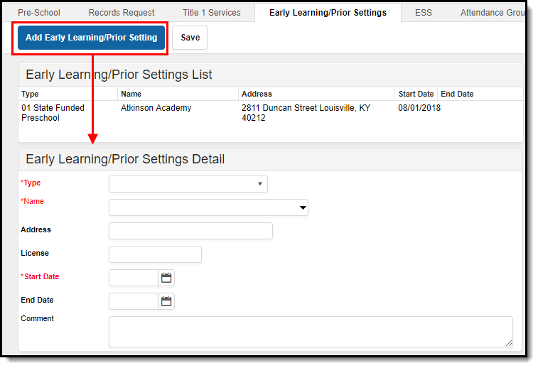 Screenshot of the Early Learning/Prior Settings Detail editor that displays when the user clicks the Add Early Learning/Prior Setting button near the top of the tab.
