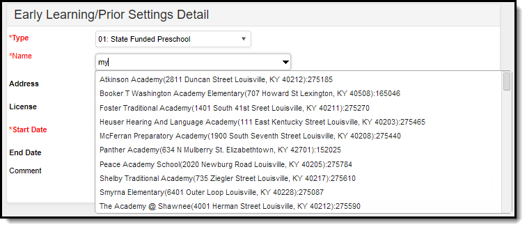 Screenshot of the Early Learning/Prior Settings Detail editor that displays the Name field being automatically populated to show search results.