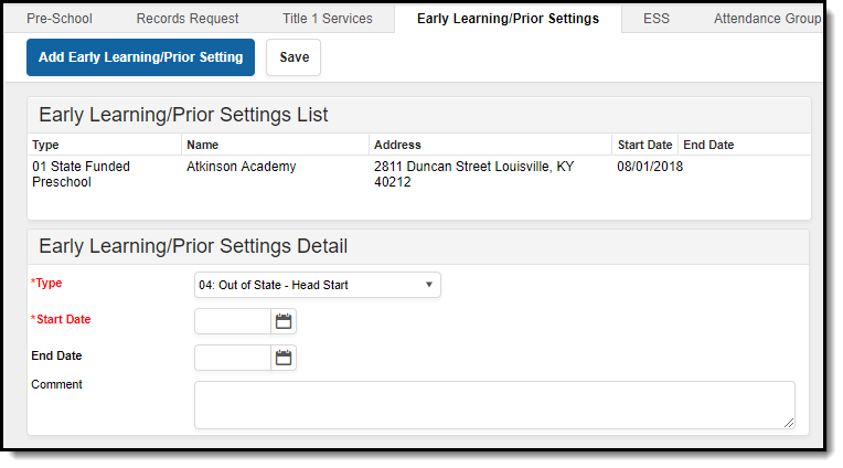 Screenshot of the Early Learning/Prior Settings List editor showing the Type of early learning/prior setting program.
