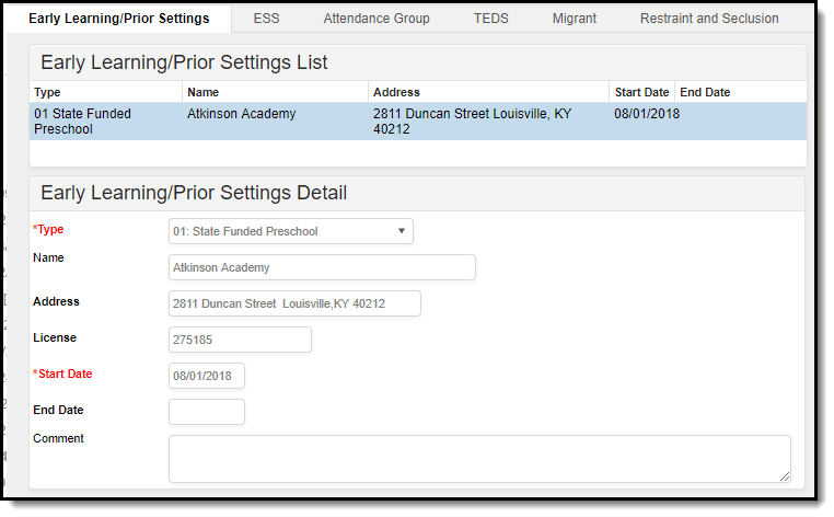 Screenshot of the Early Learning/Prior Settings List showing a State Edition view of an Early Learning/Prior Settings Record.