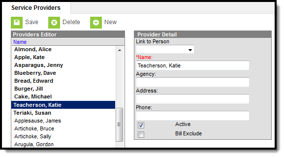 Screenshot of the Service Providers tool.