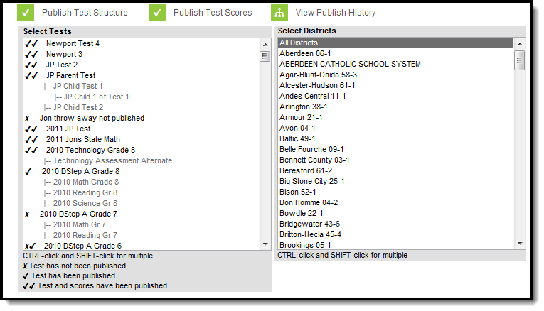 Screenshot of the Publish Tests page.