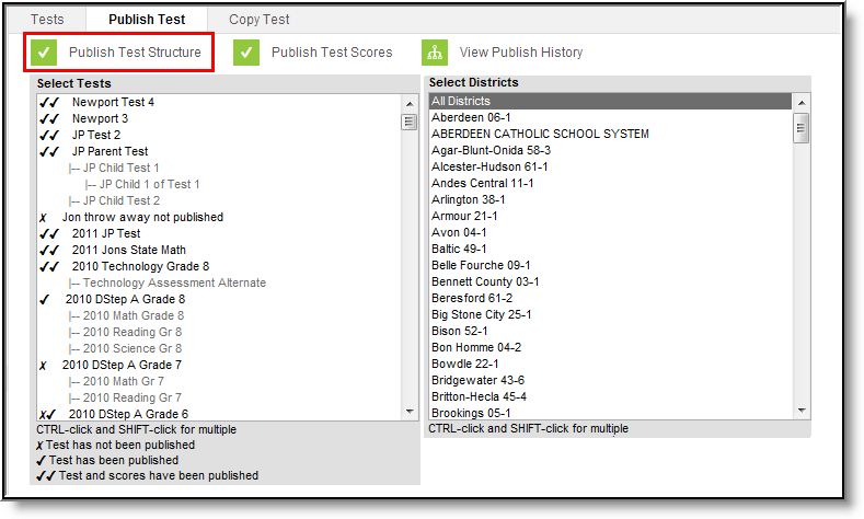 Screenshot of the Publish Test page highlighting the publish test structure button.ng 