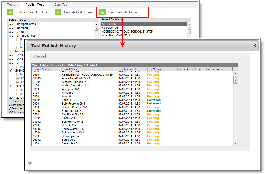 Screenshot of an example test publish history.