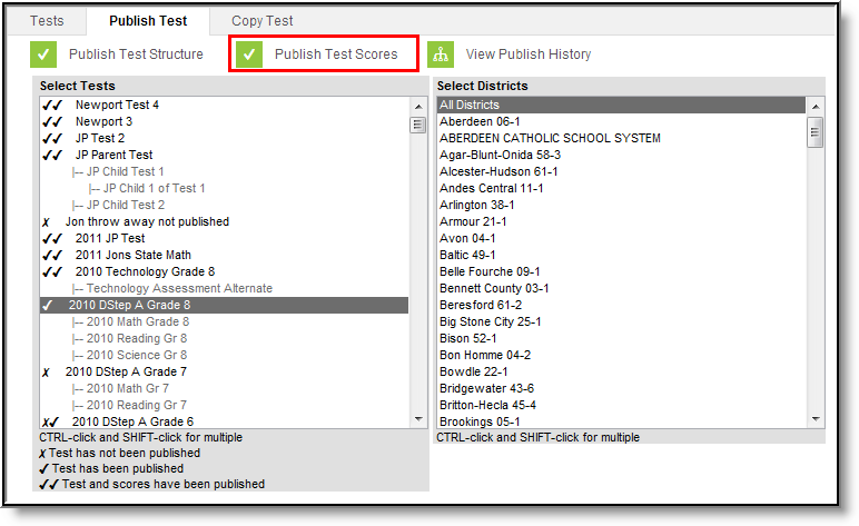 Screenshot of the Publish Test page highlighting the Publish Test Scores button.