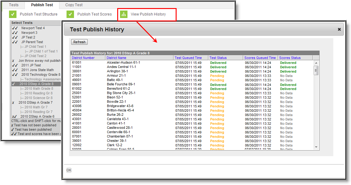 Screenshot of an example test publish history.