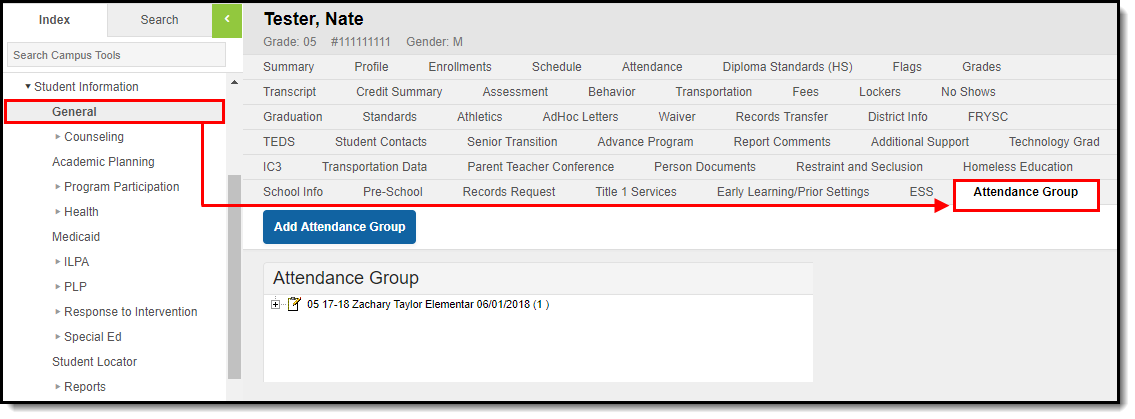 Screenshot of the Attendance Group tab for an individual student highlighting its location.