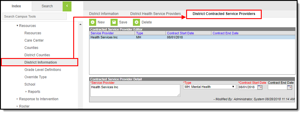 Screenshot of the District Contracted Service Providers tool highlighting where the tool is located within District Information.