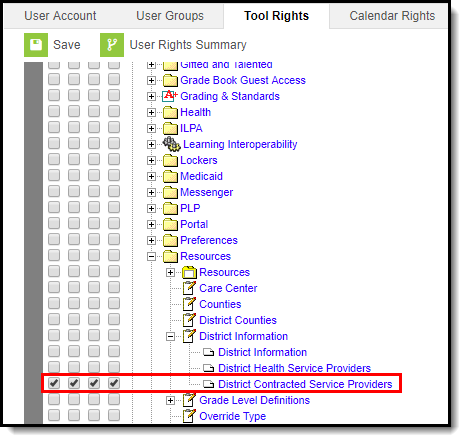 Screenshot of the Tool Rights needed for District Contracted Service Providers. 